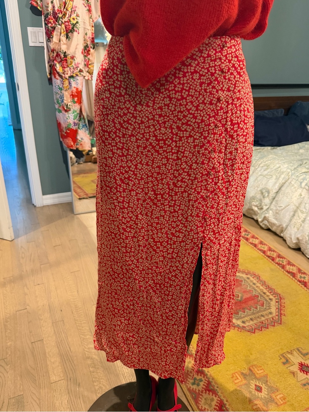 Mango Red Floral Midi Skirt